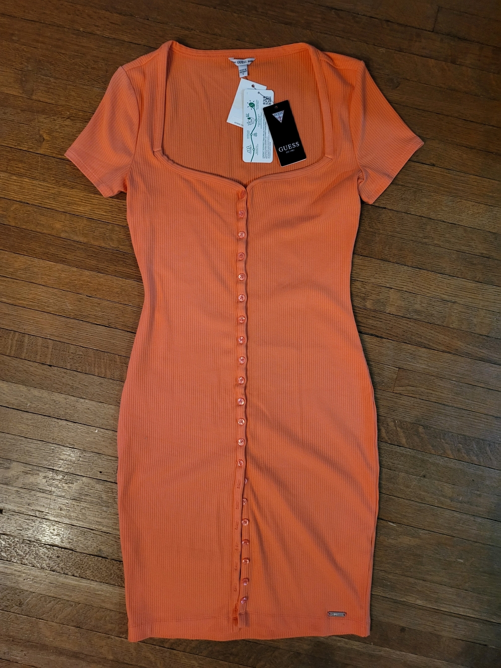 Guess Orange Ribbed Button-Front Square Neck Dress